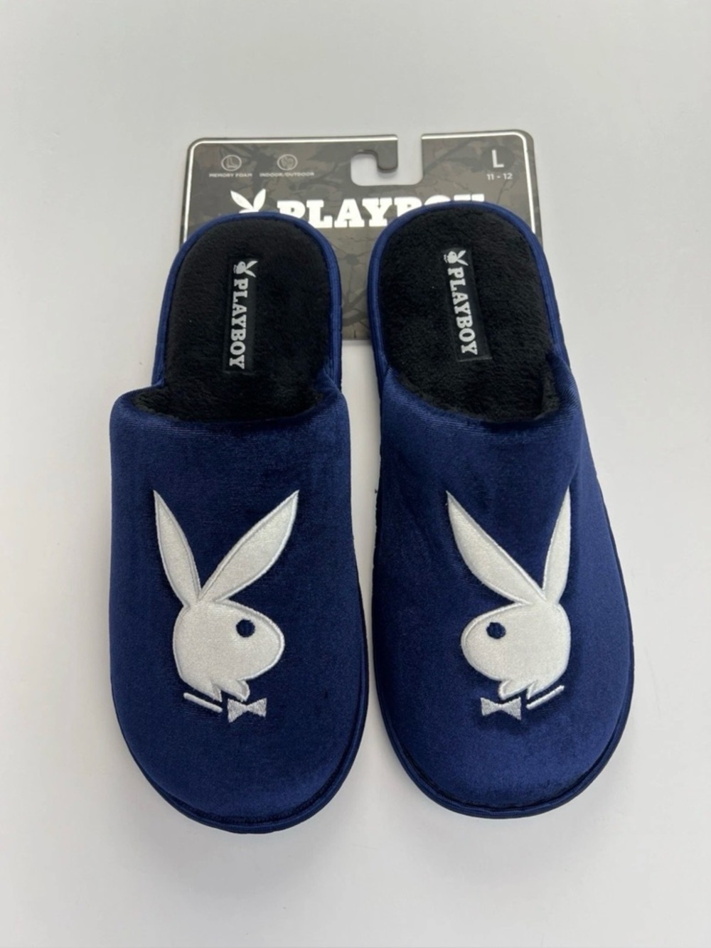 PLAYBOY Memory Foam Indoor Outdoor Navy Blue/White Slippers Mens Sz L (11-12)